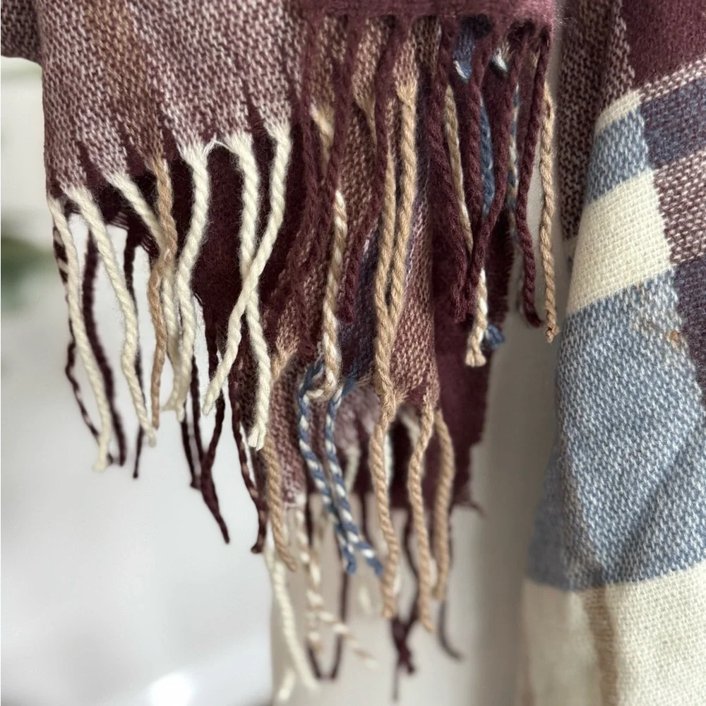 Plaid Fringe Scarf in Cream and Brown Maroon
